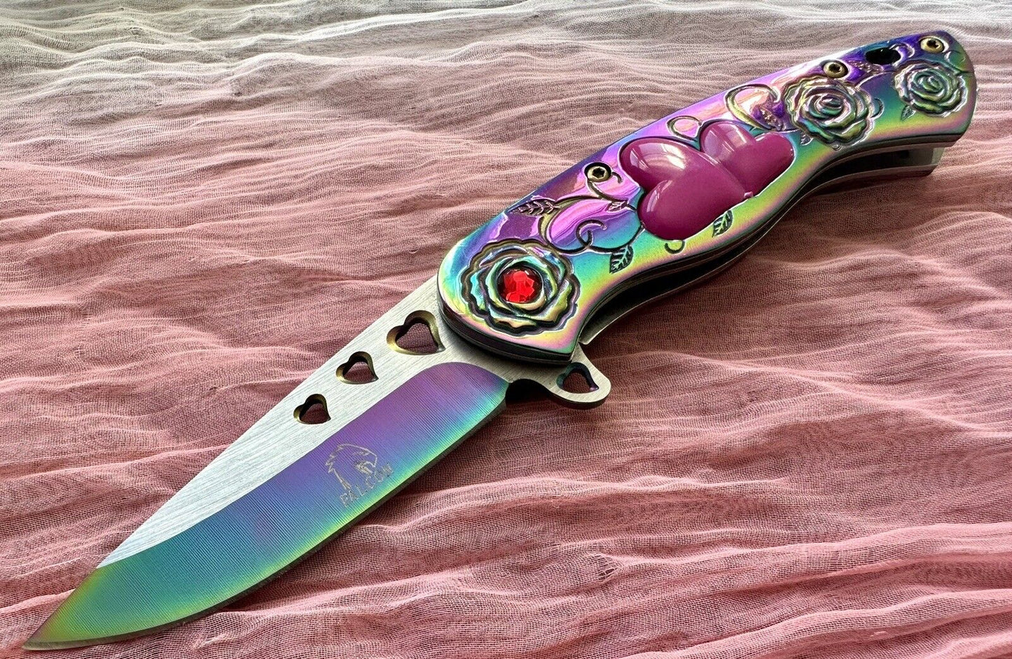 Love Pocket Knife Hearts 💕 Ladies Knife Small Folding Rainbow Sharp Pink 4” Spring Assisted Girly