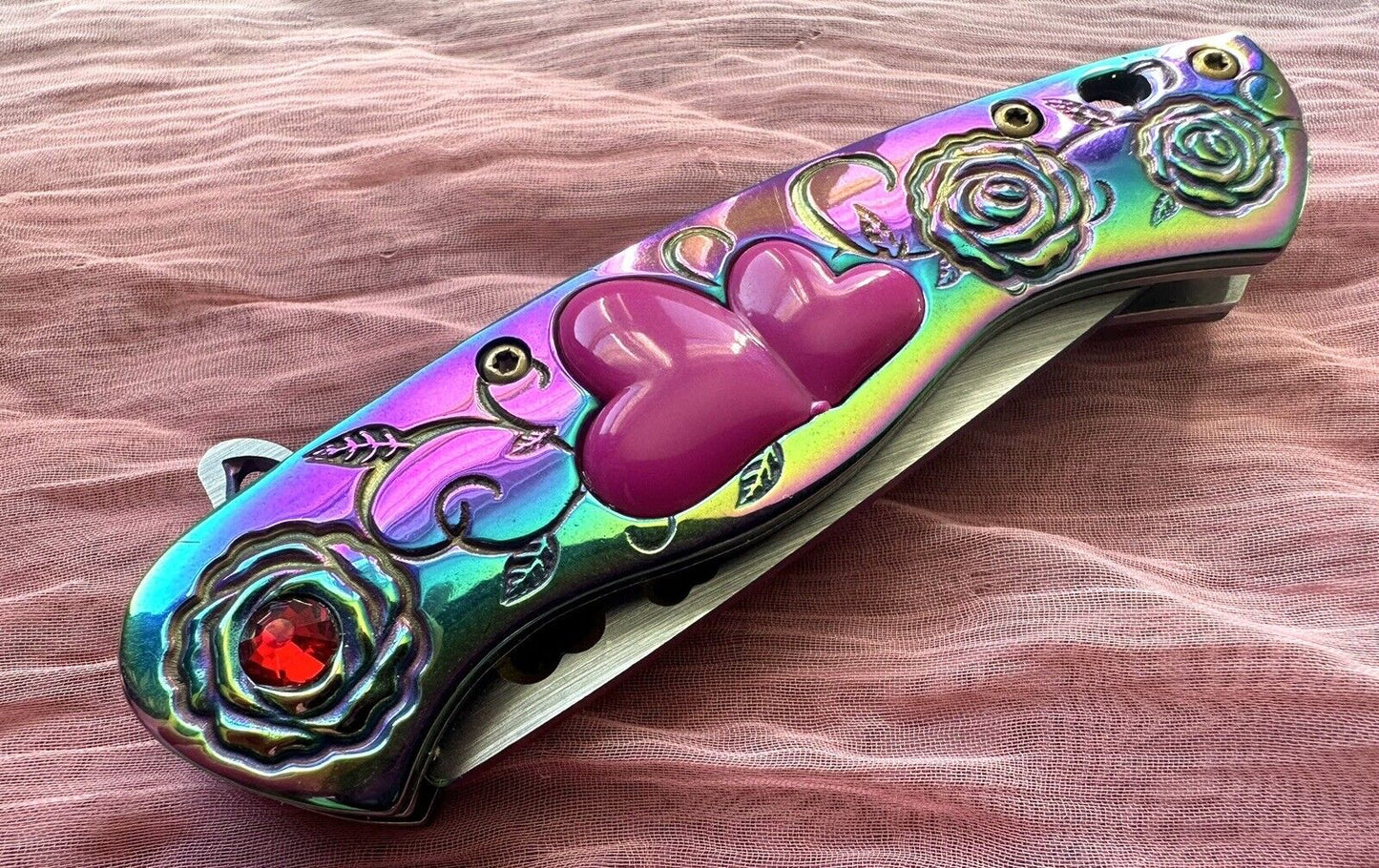 Love Pocket Knife Hearts 💕 Ladies Knife Small Folding Rainbow Sharp Pink 4” Spring Assisted Girly