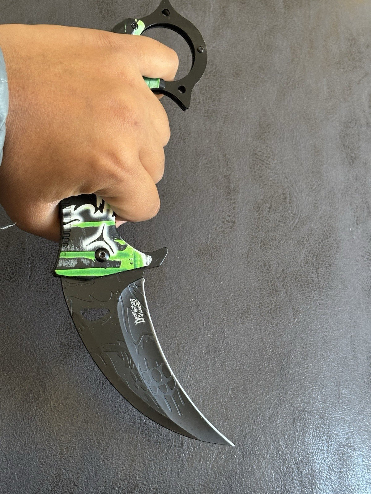 10" Karambit XL Green Mega Huge Folding Spring Assist Skull Monster Black Quick
