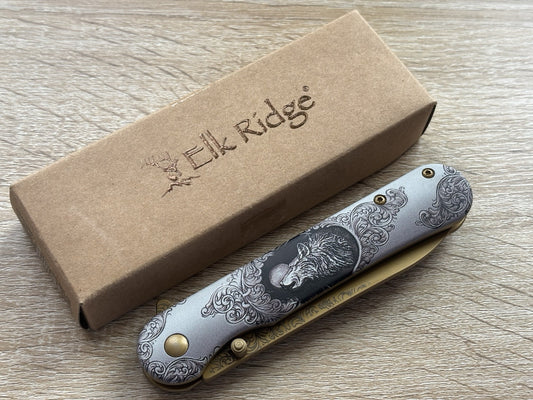 Gold Wolf Spring Assist Pocket Knife Victorian Era Style Ornate Full Metal 8”