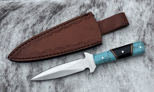 7” Ocean Stinger Fixed Blade Knife Spear Tip Double Edge Full Tang Leather Case