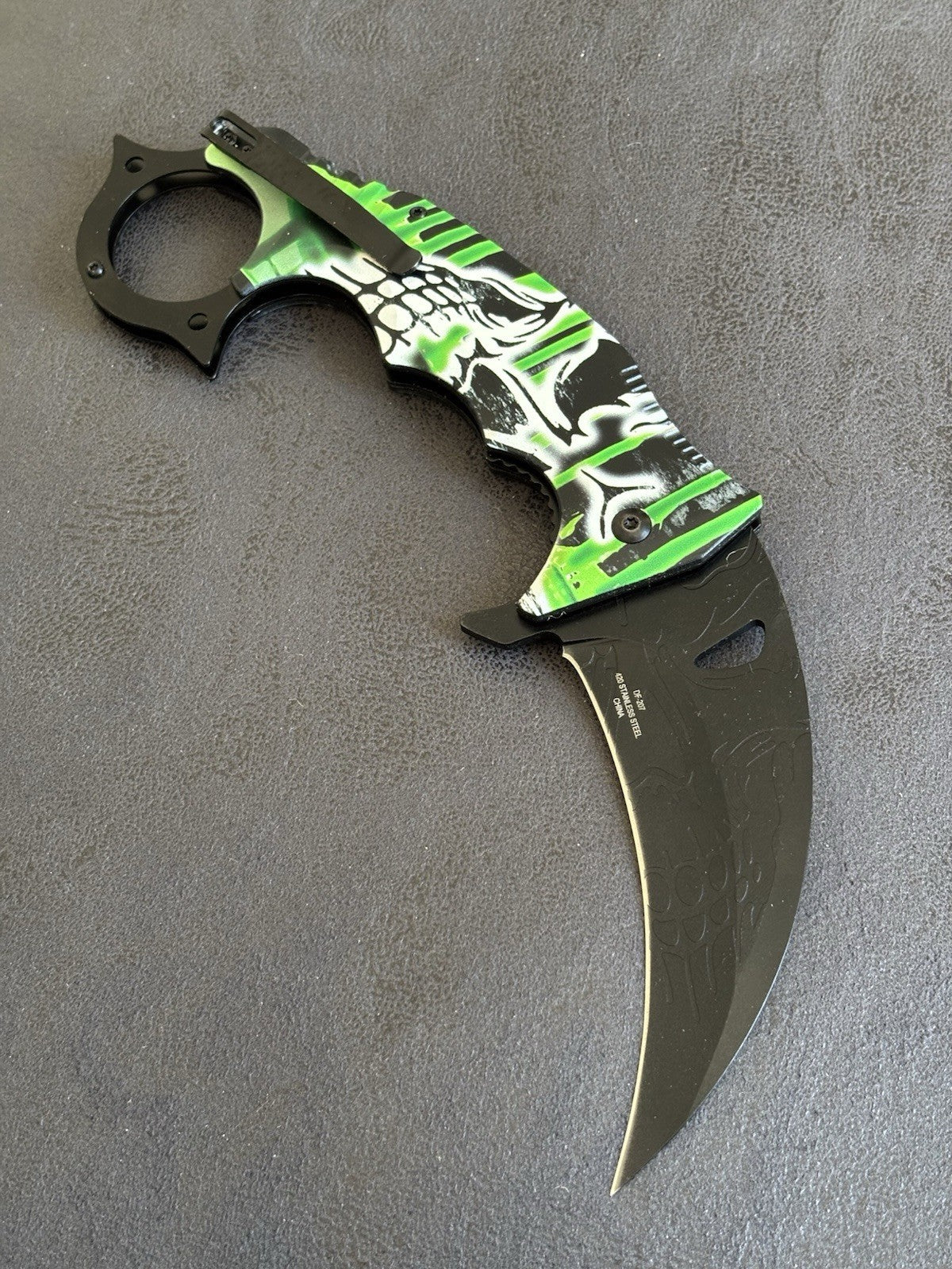 10" Karambit XL Green Mega Huge Folding Spring Assist Skull Monster Black Quick