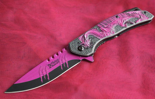 Pink Dragon Pocket Knife Full Size Ladies Self Defense Spring Assist Sharp Cute 