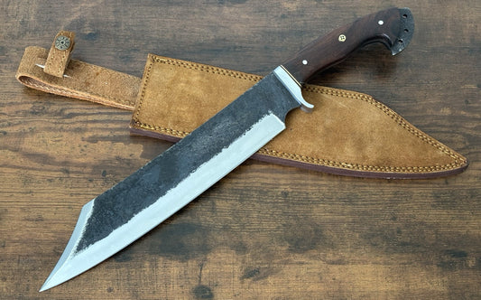18” Reverse Tanto Bowie Knife Full Tang SHARP Forged Carbon Steel Suede Sheath