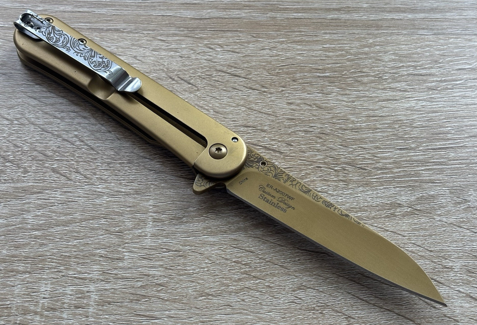 Gold Wolf Spring Assist Pocket Knife Victorian Era Style Ornate Full Metal 8”