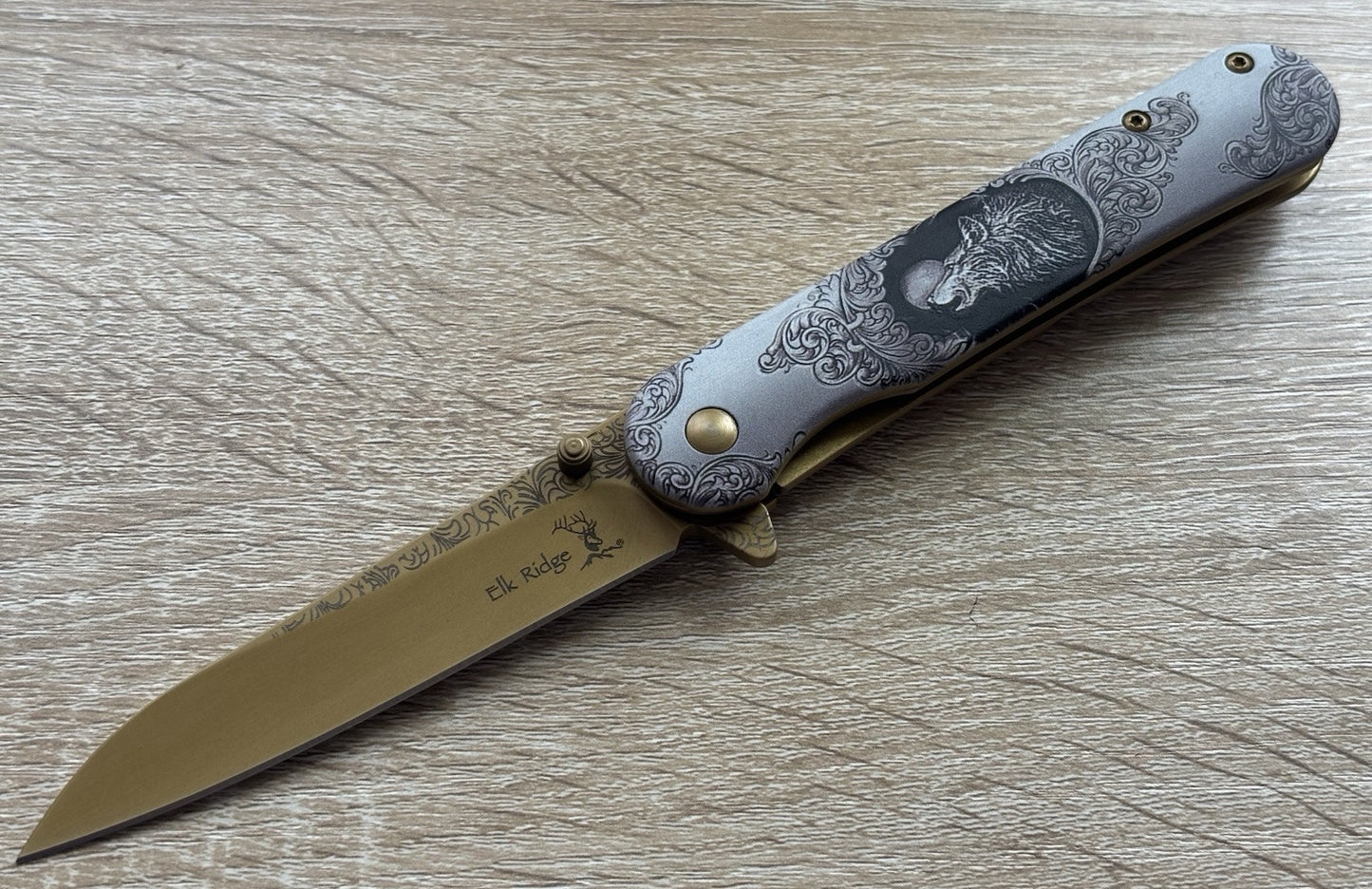 Gold Wolf Spring Assist Pocket Knife Victorian Era Style Ornate Full Metal 8”