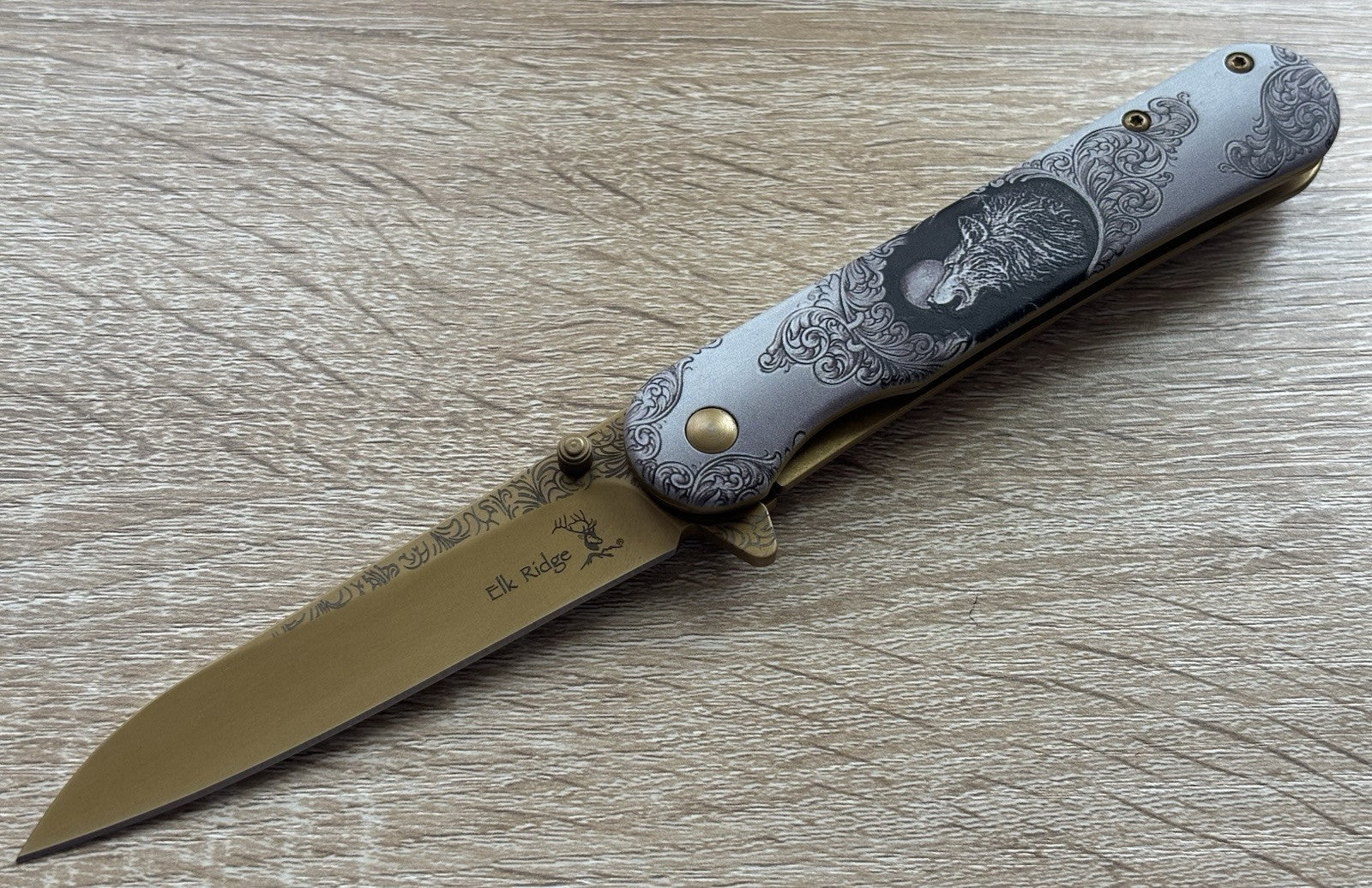 Gold Wolf Spring Assist Pocket Knife Victorian Era Style Ornate Full Metal 8”