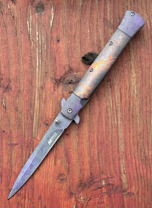 9” Pocket Knife Spring Assist Rust Patina Bronze 4” Blade Rustic Red Iron Sharp