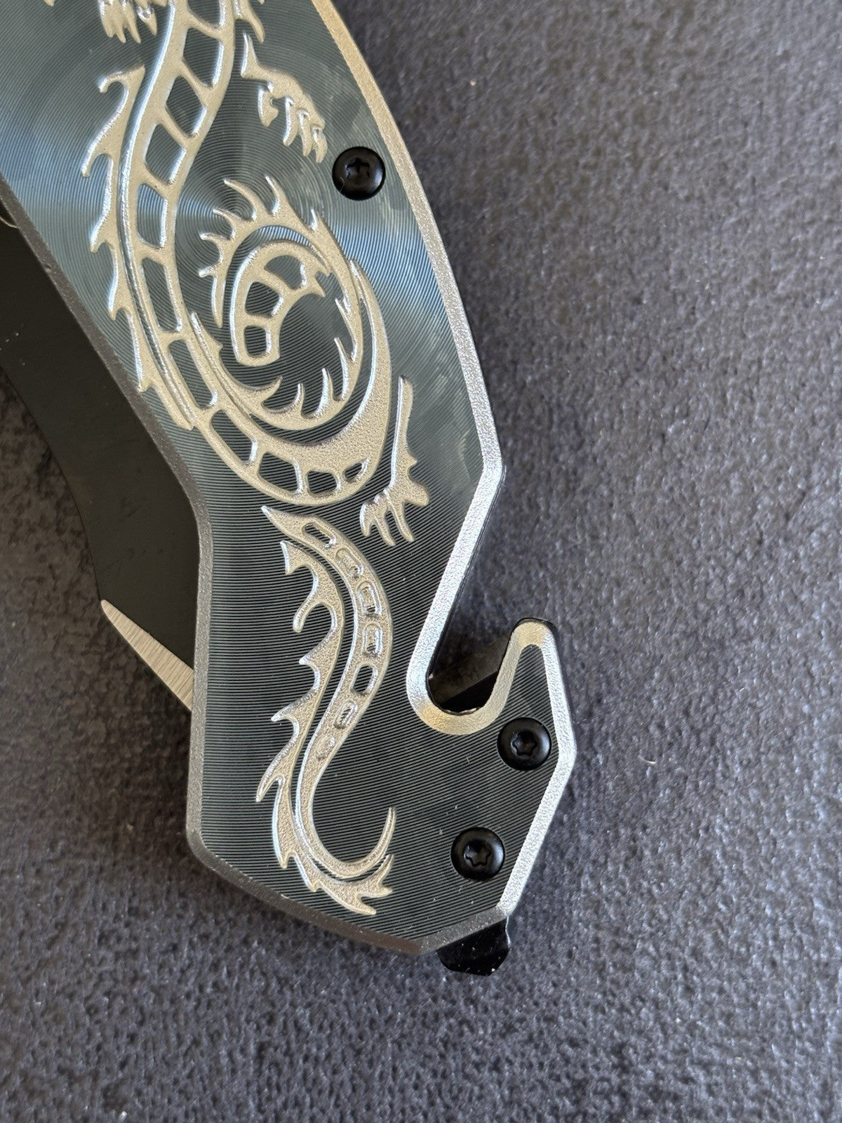 Spring Assist Knife Dragon Full Size Window Punch Belt Cutter Pocket Knife Gray