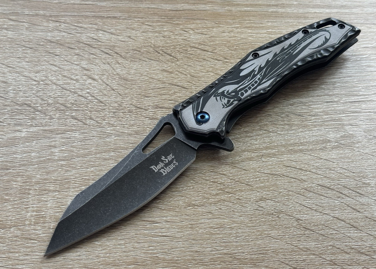 Black Dragon Knife Spring Assist Full Size All Metal Custom Blue Pocket Clip Edc
