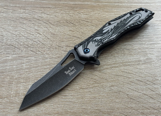 Black Dragon Knife Spring Assist Full Size All Metal Custom Blue Pocket Clip Edc