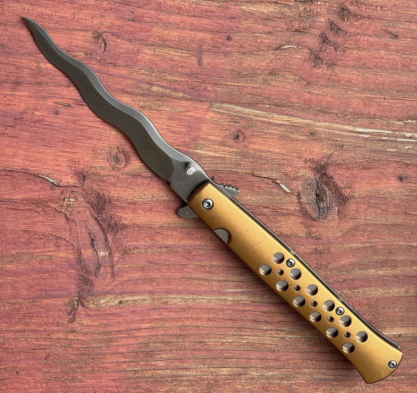 Kris Blade Gold Spring Assist Pocket Knife Full Size 9" Overall Sharp Rare