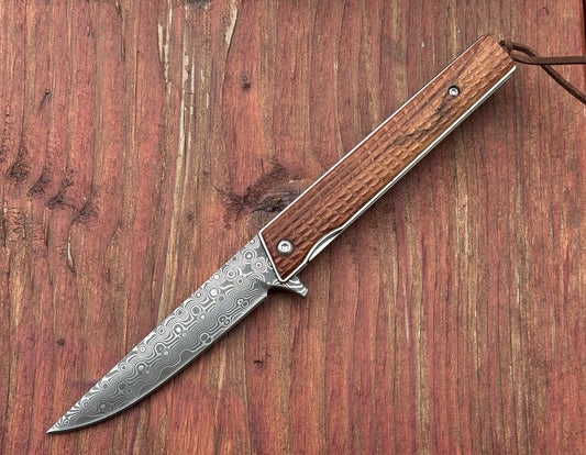 Slim Pocket Knife Folding Hardwood Handle Razor Sharp Damascus Blade CEO