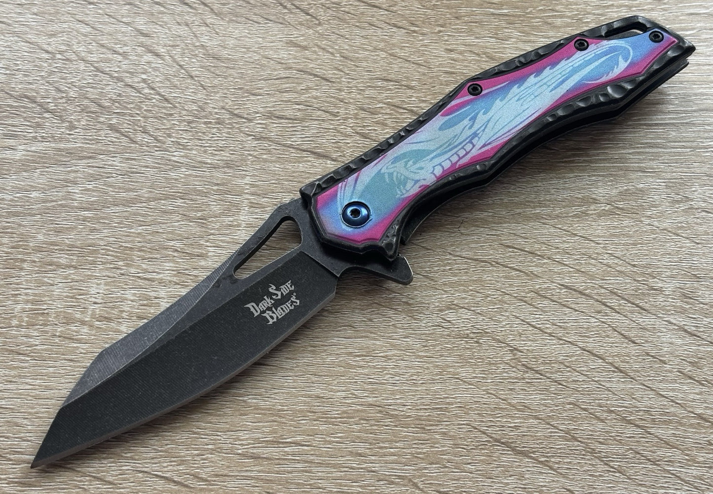 Pink Dragon Knife Spring Assist Full Size All Metal Custom Blue Pocket Clip Edc