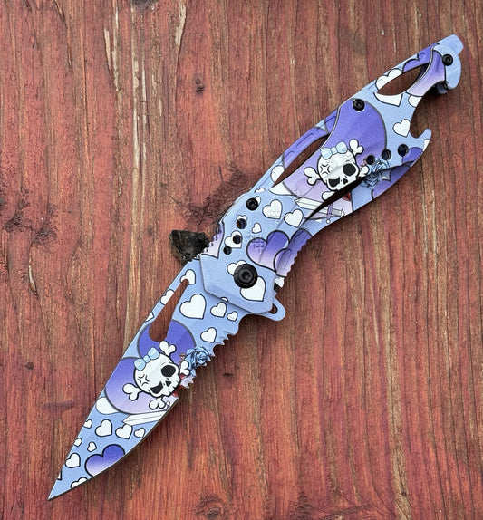 Purple Manga Pocket Knife Kuwaii Skull Heart Spring Assist Bottle Opener Cute