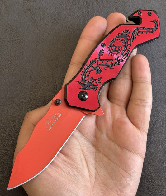 Red Spring Assist Knife Dragon Full Size Window Punch Belt Cutter Pocket Knife