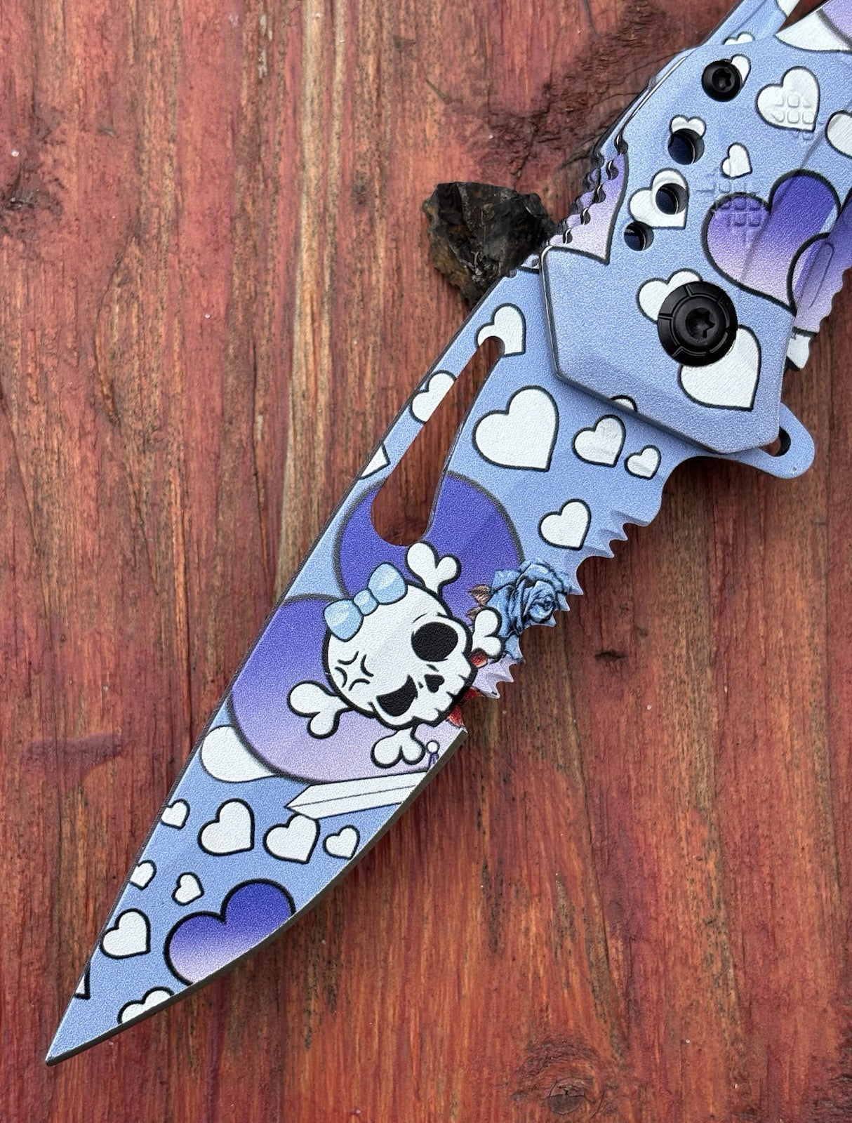 Purple Manga Pocket Knife Kuwaii Skull Heart Spring Assist Bottle Opener Cute