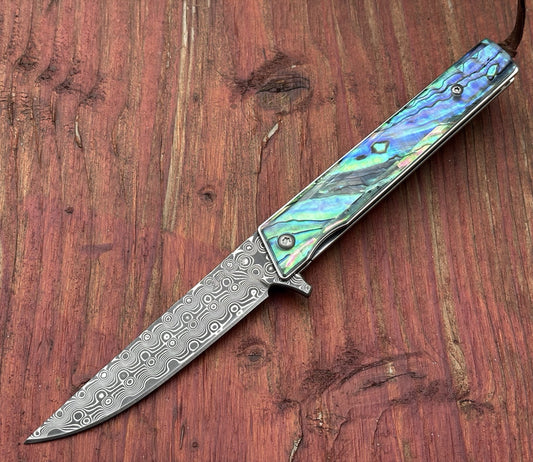 Slim Pocket Knife Folding Abalone Handle Razor Sharp Damascus Blade CEO