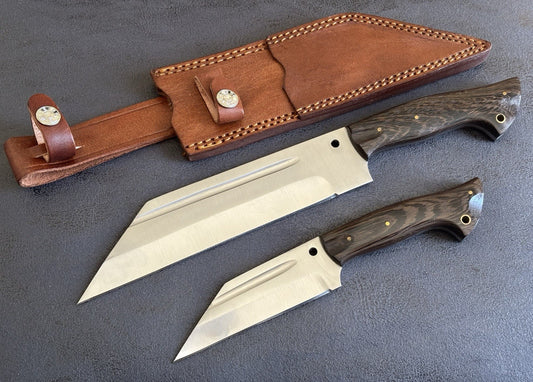 13" & 9" Dual Viking Seax Set Full Tang Leather Sheath Thick Blade Sharp Chrome