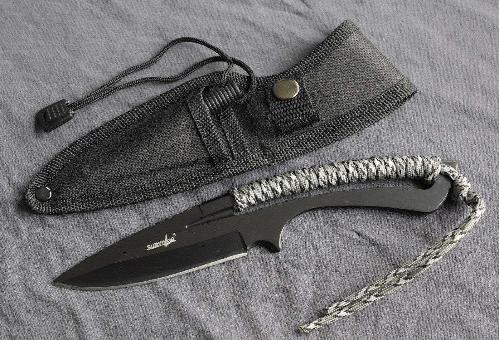 9” Fixed Blade Knife Full Tang Skeleton Stealth Black Fire Starter Survival Edc