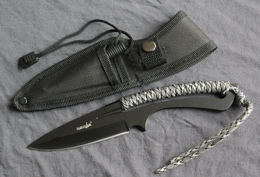 9” Fixed Blade Knife Full Tang Skeleton Stealth Black Fire Starter Survival Edc