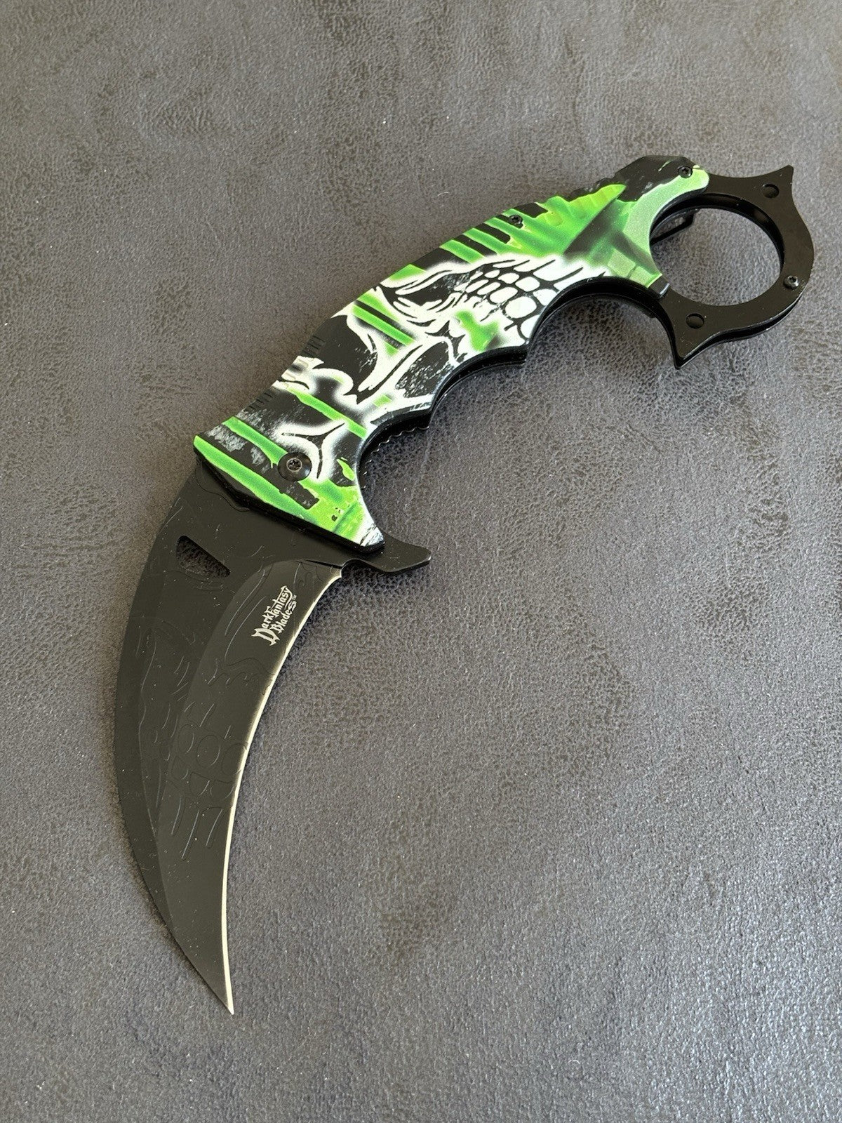 10" Karambit XL Green Mega Huge Folding Spring Assist Skull Monster Black Quick
