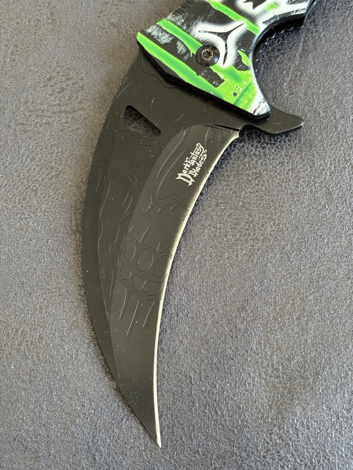 10" Karambit XL Green Mega Huge Folding Spring Assist Skull Monster Black Quick