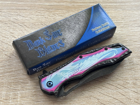 Pink Dragon Knife Spring Assist Full Size All Metal Custom Blue Pocket Clip Edc