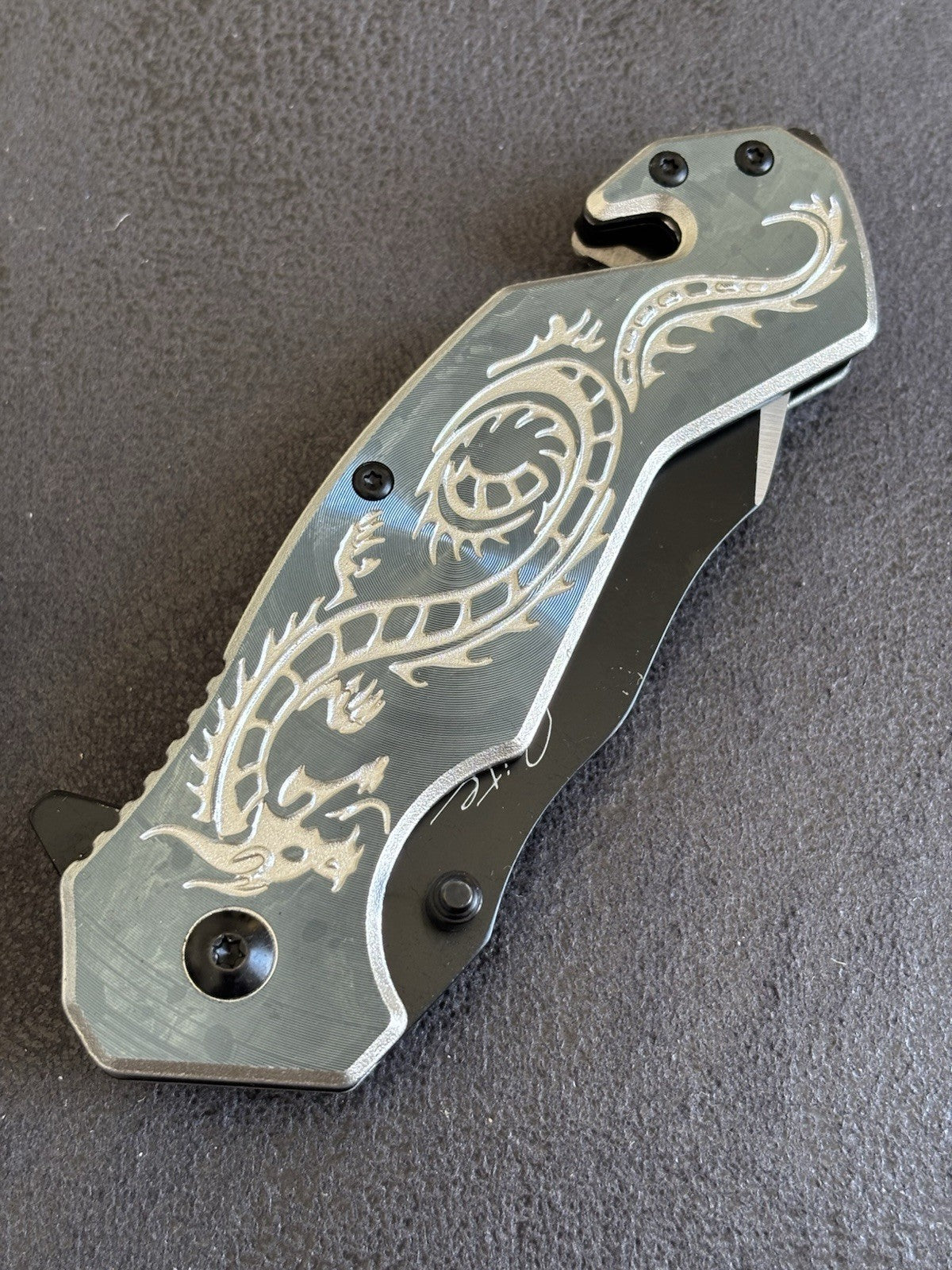 Spring Assist Knife Dragon Full Size Window Punch Belt Cutter Pocket Knife Gray