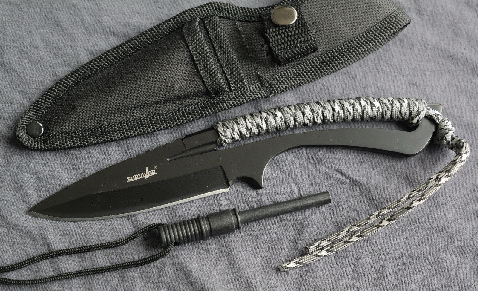 9” Fixed Blade Knife Full Tang Skeleton Stealth Black Fire Starter Survival Edc