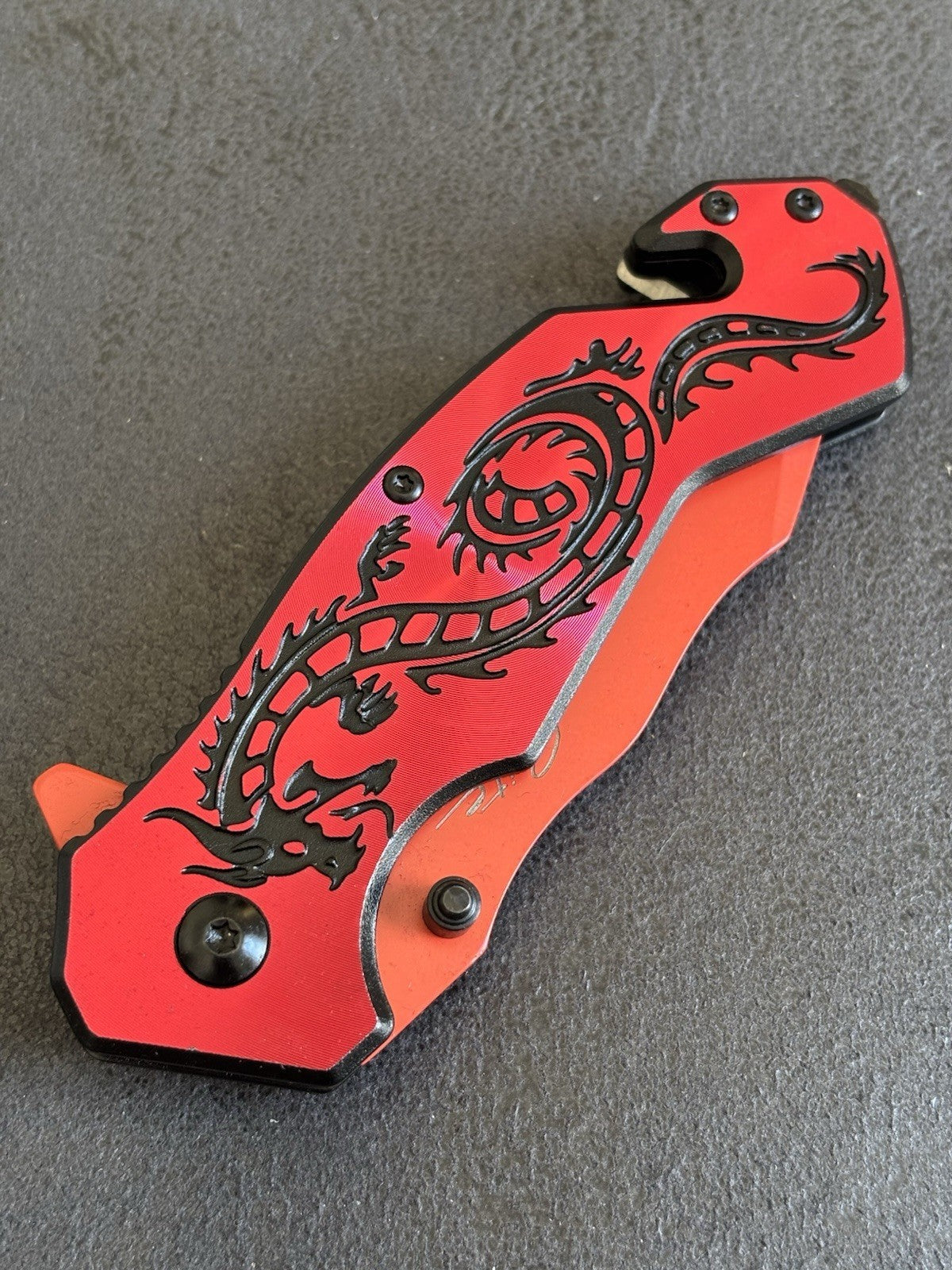 Red Spring Assist Knife Dragon Full Size Window Punch Belt Cutter Pocket Knife