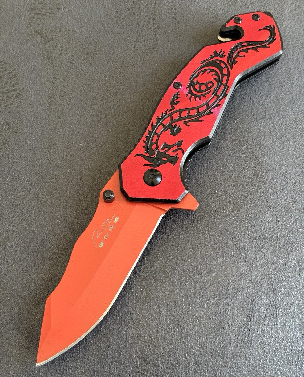 Red Spring Assist Knife Dragon Full Size Window Punch Belt Cutter Pocket Knife