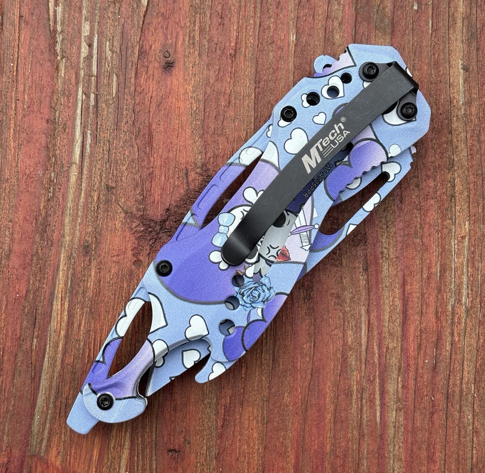 Purple Manga Pocket Knife Kuwaii Skull Heart Spring Assist Bottle Opener Cute