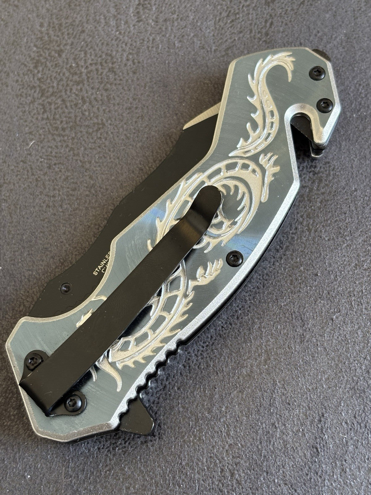 Spring Assist Knife Dragon Full Size Window Punch Belt Cutter Pocket Knife Gray