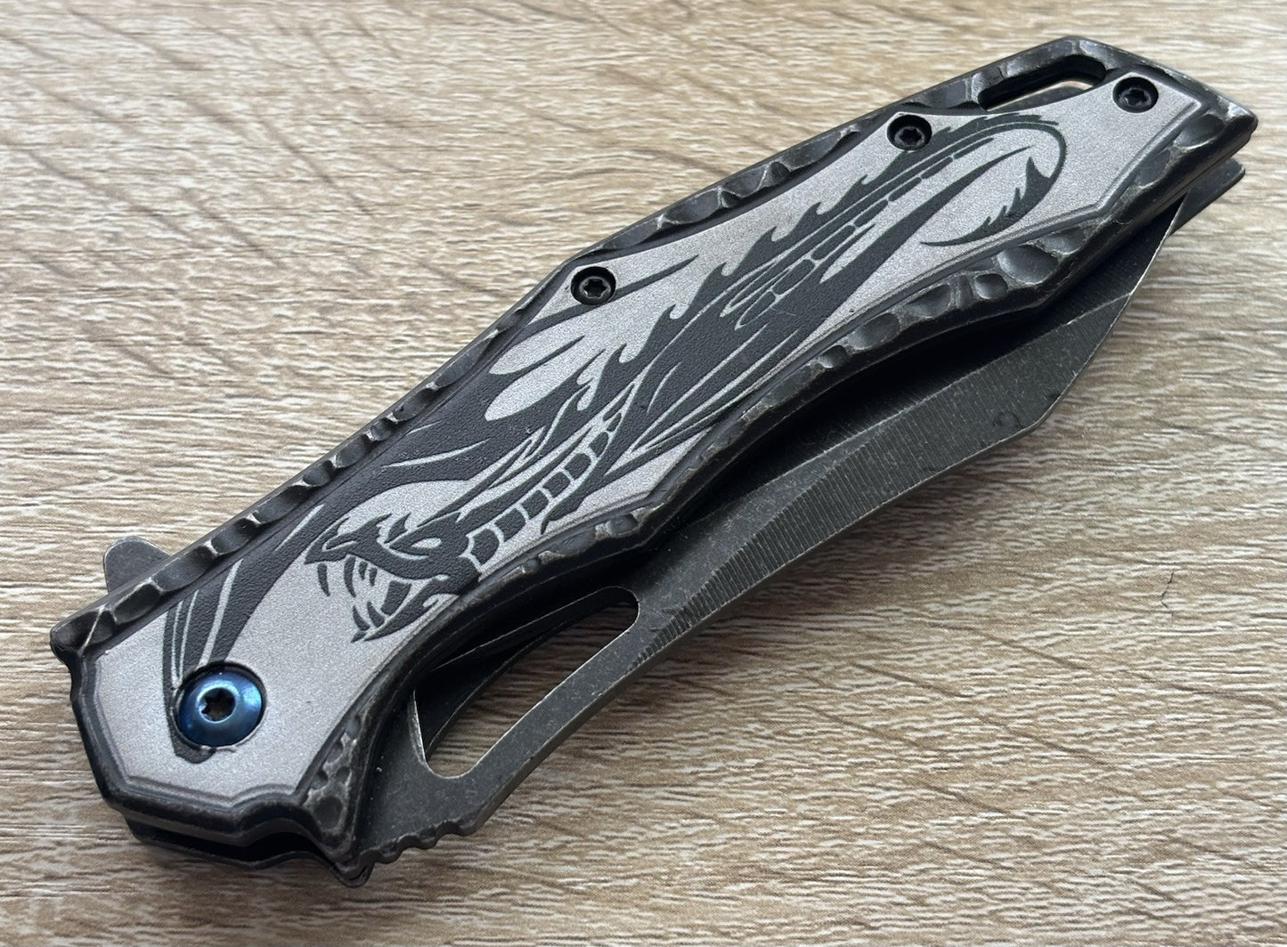 Black Dragon Knife Spring Assist Full Size All Metal Custom Blue Pocket Clip Edc