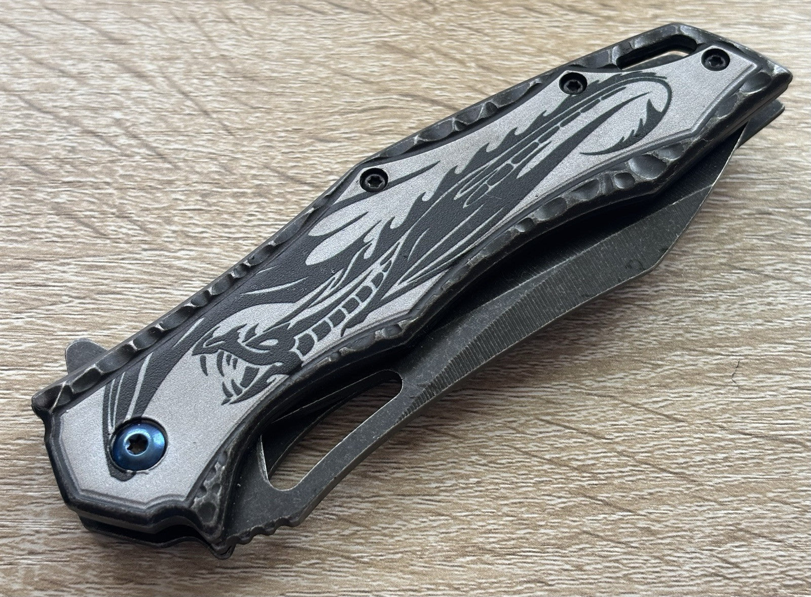 Black Dragon Knife Spring Assist Full Size All Metal Custom Blue Pocket Clip Edc