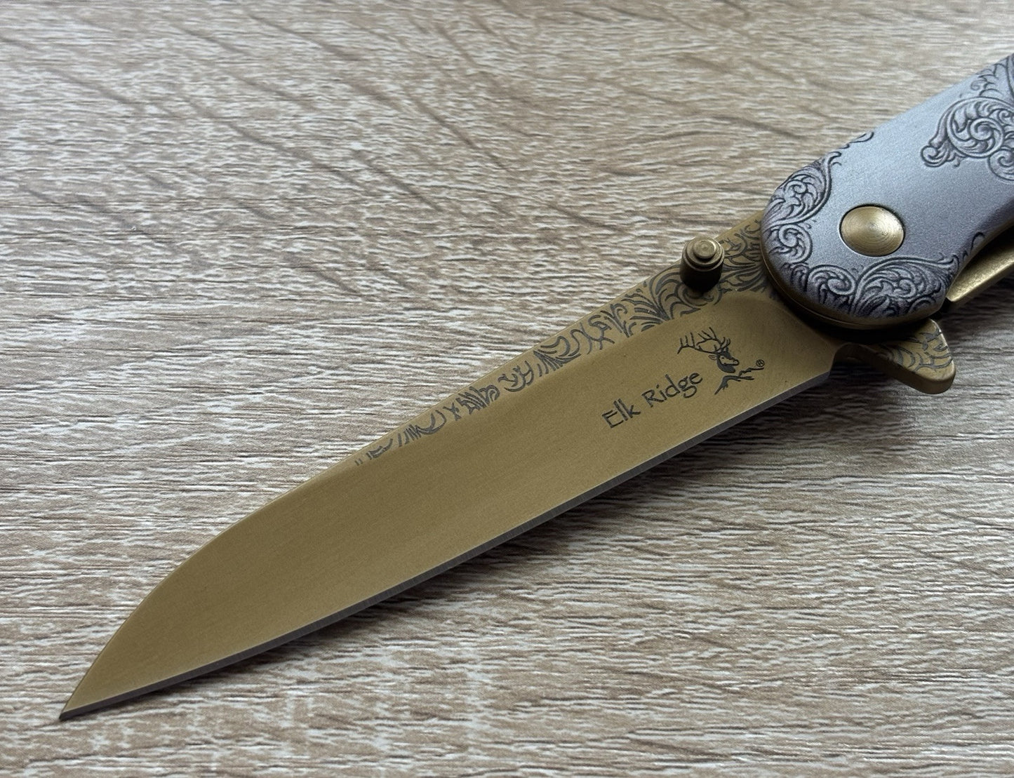 Gold Wolf Spring Assist Pocket Knife Victorian Era Style Ornate Full Metal 8”