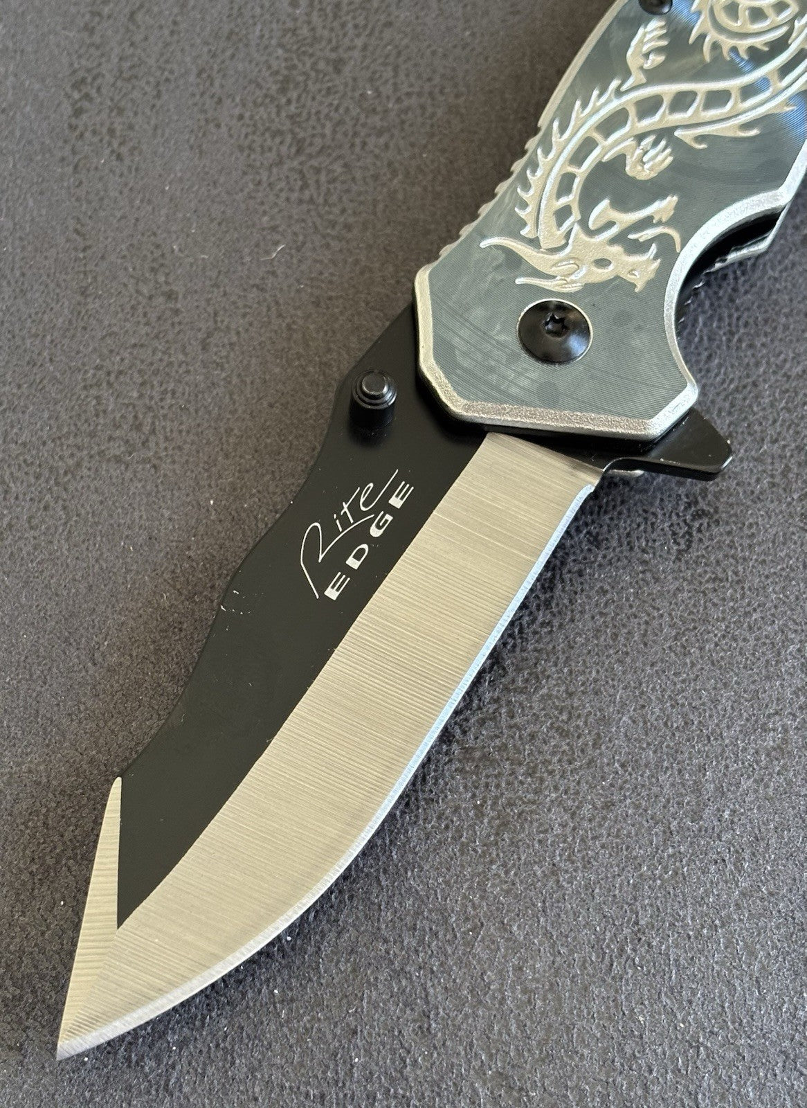 Spring Assist Knife Dragon Full Size Window Punch Belt Cutter Pocket Knife Gray