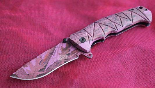 Pink Camo Pocket Knife Spring Assisted Black Ladies Self Defense Girly Full Size