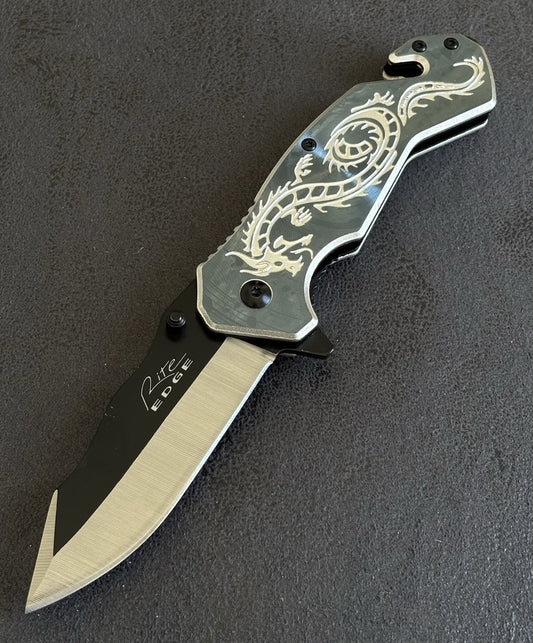 Spring Assist Knife Dragon Full Size Window Punch Belt Cutter Pocket Knife Gray