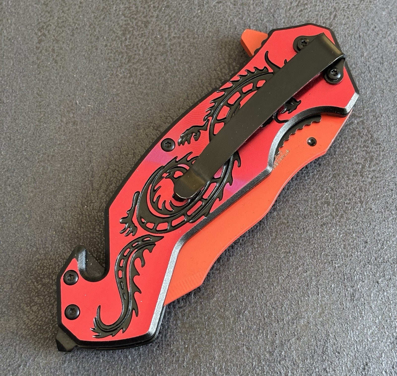 Red Spring Assist Knife Dragon Full Size Window Punch Belt Cutter Pocket Knife